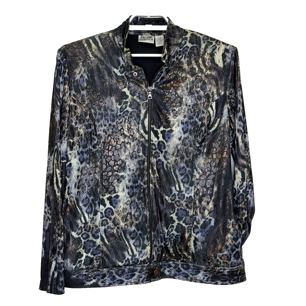 Chicos Full Zip Lightweight Jacket Sz 2 US Large Multicolor Animal Print Pockets